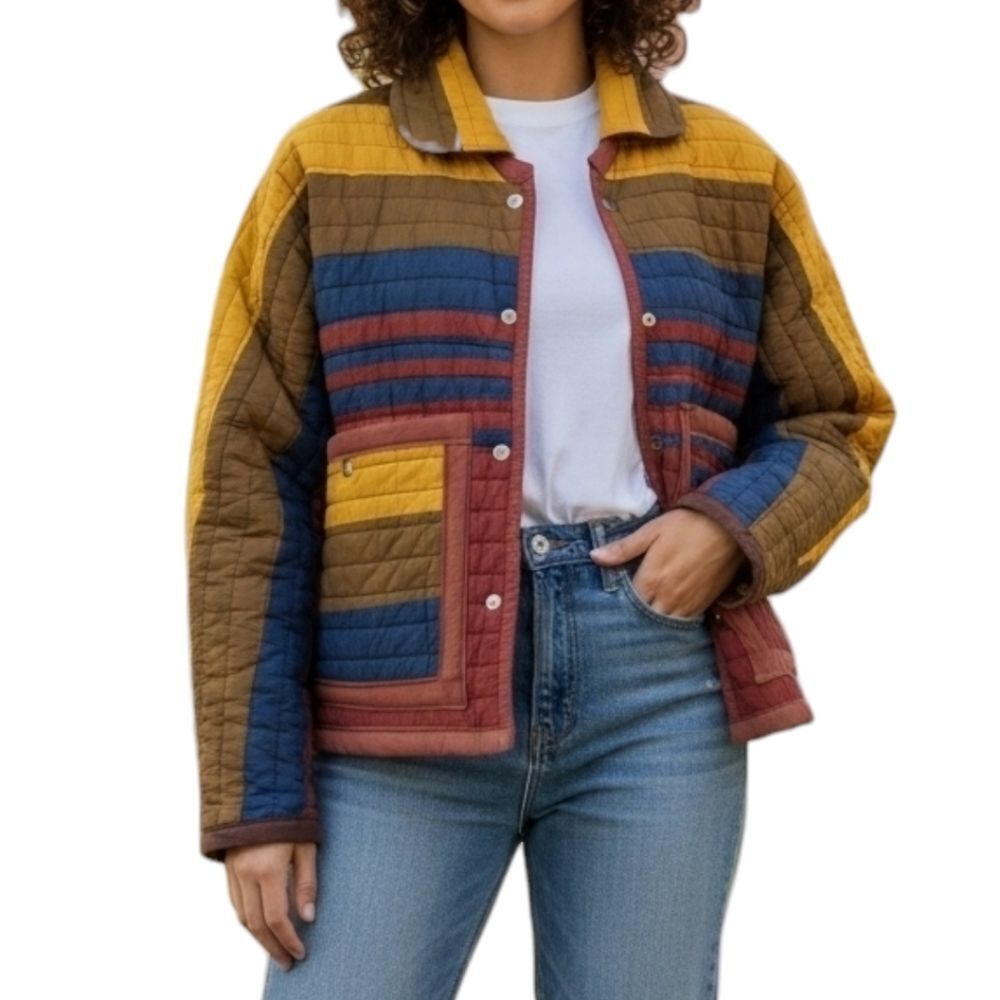 Retro Quilted Jacket Oversized Multi-Color Colorblock Boxy Earth Tone Rainbow